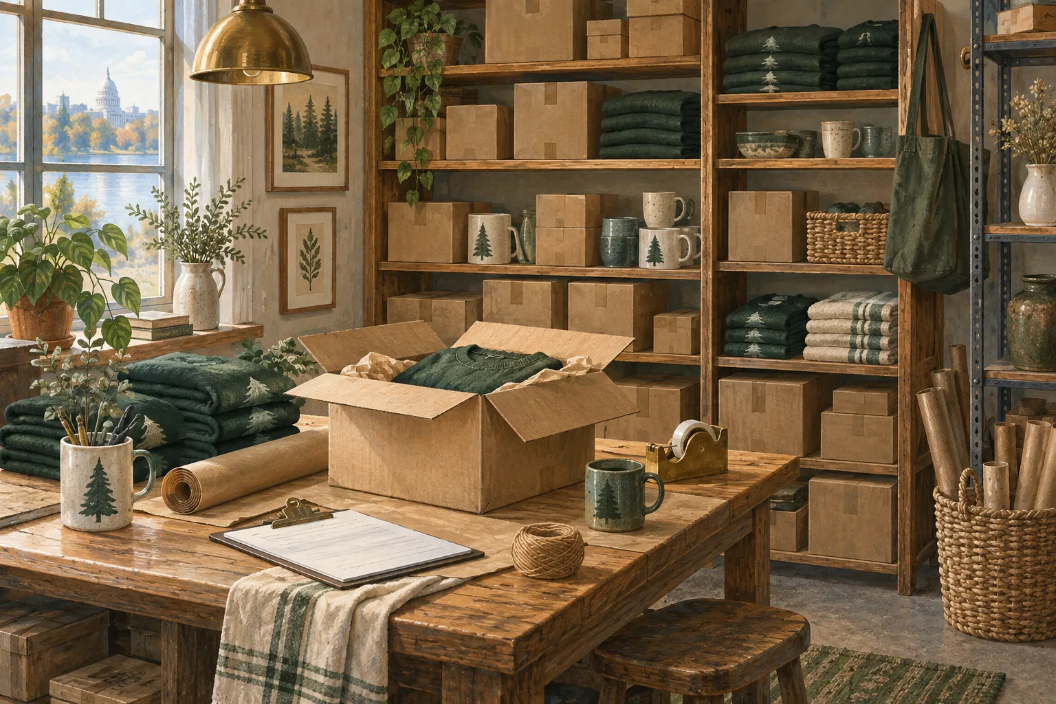 Illustration of merchandise boxes, folded clothing and mugs in a small shop stockroom.