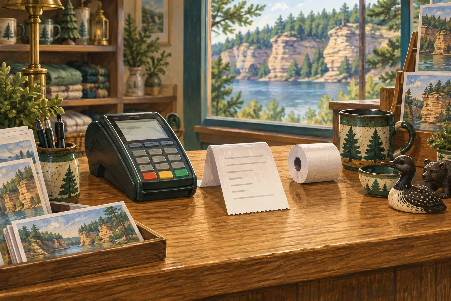 Illustration of a gift shop checkout and receipt with sandstone cliffs beyond the window.