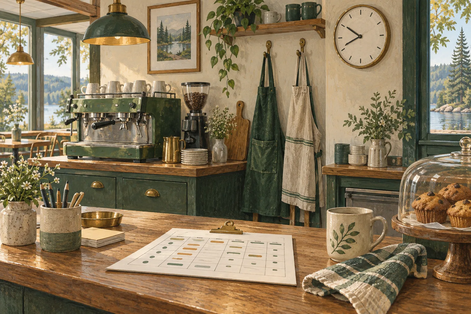 Illustration of a cafe counter with a staff schedule, aprons and a wall clock.